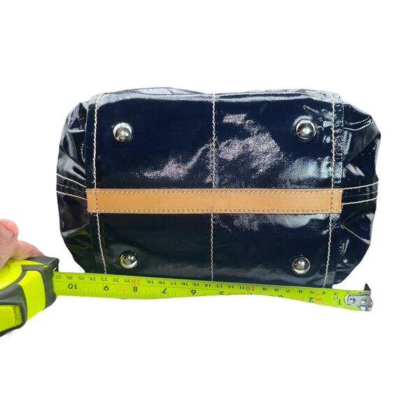 Tod’s Navy Coated Canvas Tote Tan Leather Trim Missing Crossbody Strap - Picture 8 of 13